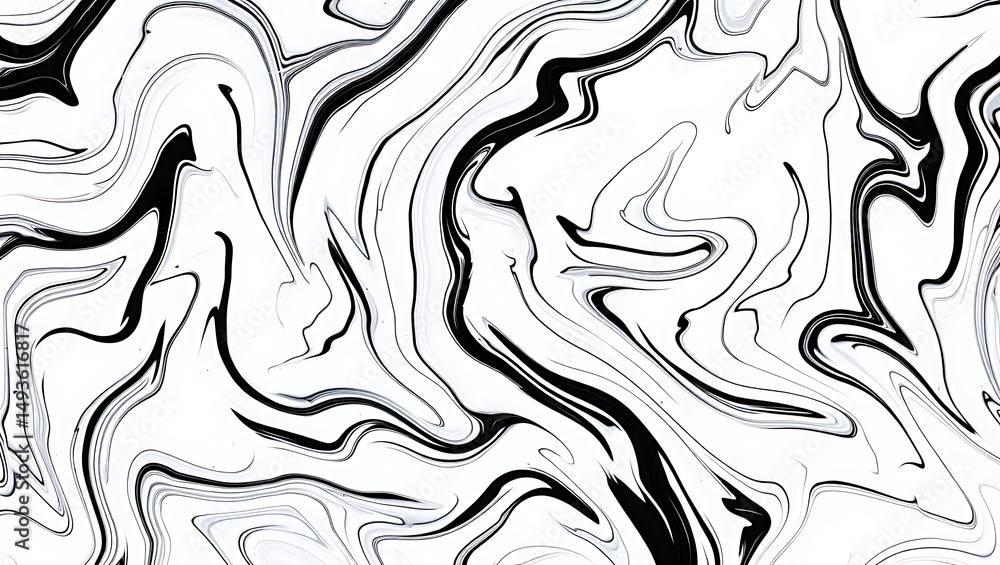 Poster abstract black and white swirling liquid marble effect background with wavy flowing lines and a slee