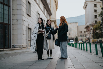 Three businesswomen standing on a city sidewalk engaging in a discussion. They appear to be...