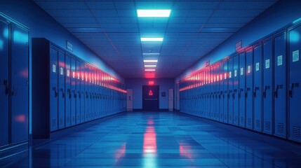 Fototapeta premium Empty school hallway at night, bathed in neon blue and red light. Rows of lockers line the walls.