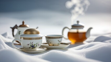 Fototapeta premium Winter tea experience with elegant teapots and cups on fresh snow at sunset