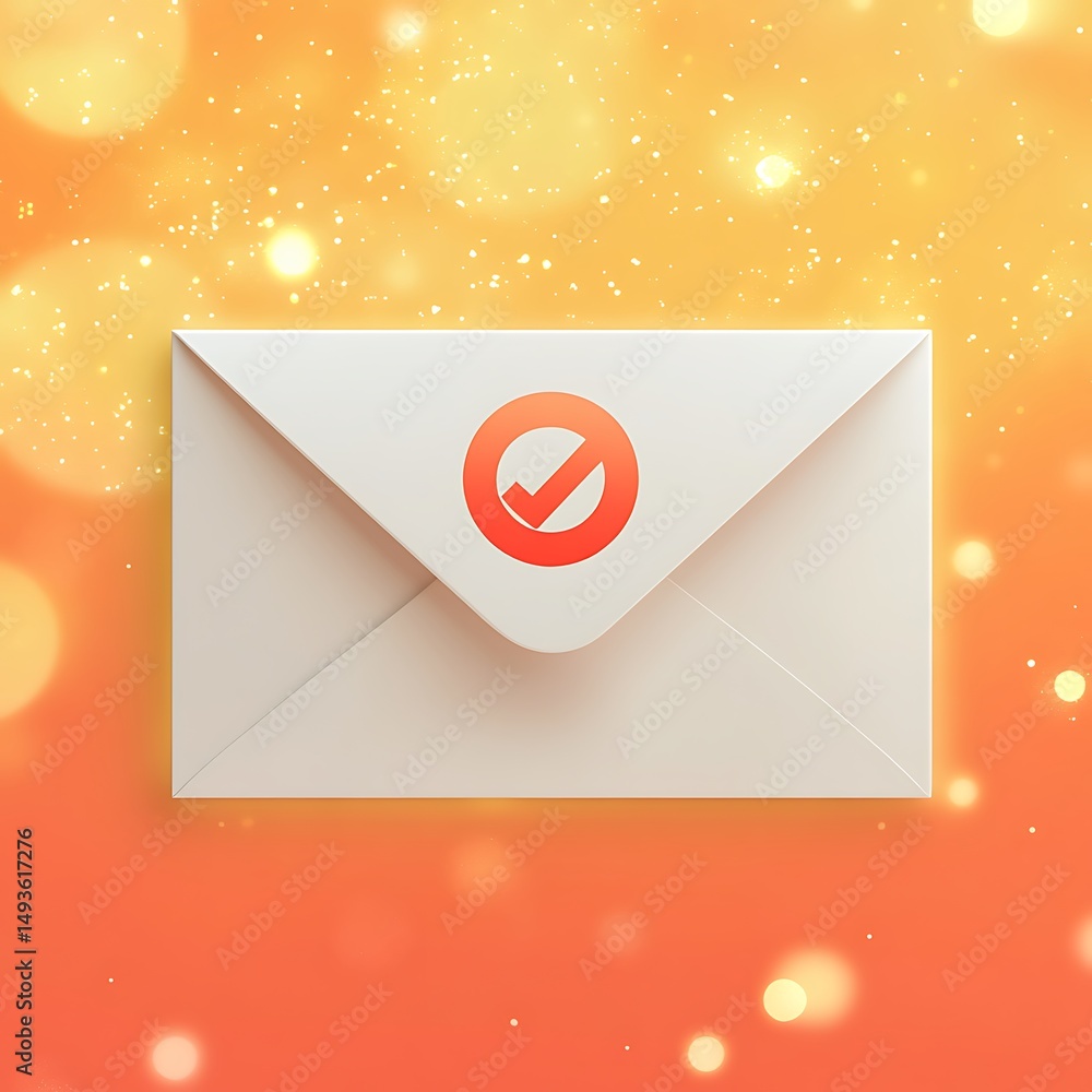 Poster modern communication: elegant white envelope with check mark on warm orange background and bokeh eff