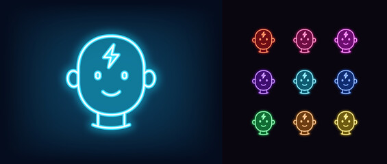 Naklejka premium Outline neon mind energy icon. Glowing neon human head with smile and lightning icon, positive mind. Mental health, brainstorm, intelligence charge, mind power, creative idea energy. Vector icon set