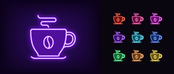 Outline neon coffee mug icon. Glowing neon coffee cup with grain icon and aroma, good morning. Natural grain coffee, espresso cup, americano mug, organic product, hot drink. Vector icon set