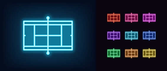 Outline neon tennis court icon. Glowing neon tennis field scheme with line marking. Tennis stadium and sport arena, gaming court and training playground, top view of play field layout. Vector icon set