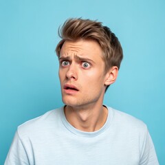 Obraz premium Shocked Young Man Portrait on Blue Background, surprise , emotion