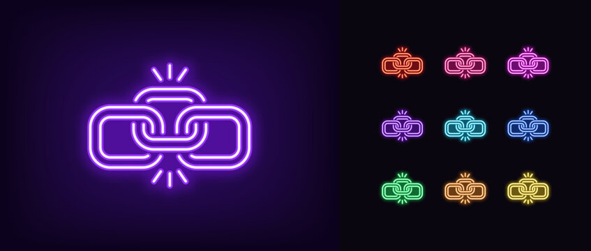 Outline neon chain icon. Glowing neon durable chain icon, digital link. Reliable connection, data share by link, hyperlink, network security, secure connection technology, attach data. Vector icon set