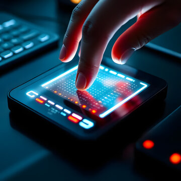 Close-up of multitouch biometric scanner with vivid lighting used for crypto access and identity recognition in a futuristic finance setting with illuminated biometric interfaces and hi
