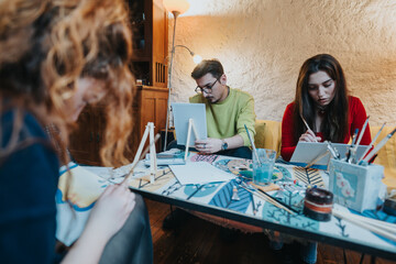 A group of young adults drawing and painting in a comfortable and cozy home setting. They are engrossed in their artistic activities, creating an engaging and creative atmosphere.