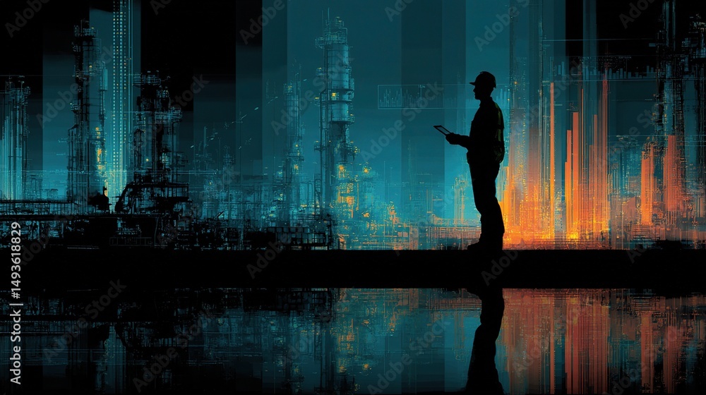 Poster engineer silhouette in factory with digital instruments concept