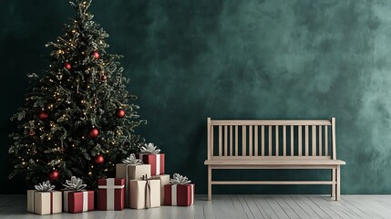 Festive christmas scene with tree and presents.