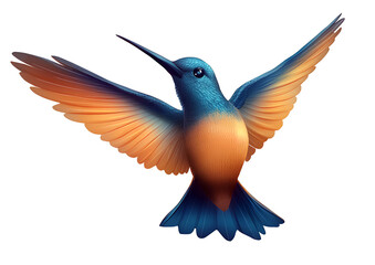 Obraz premium Beautiful hummingbird, a flying bird with blue and orange wings, isolated on a transparent background. Cutout PNG file.