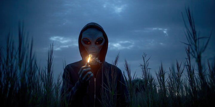 alien facing camera smoking weed with a lit blunt in his hand standing in a field with the night sky visible