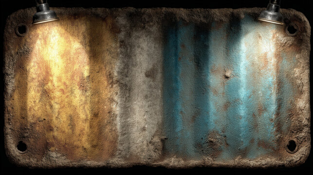 Rusty corrugated metal sheet, peeling paint, industrial vibe