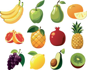 A colorful set of fresh, delicious fruits isolated on a white background.