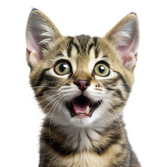 A wide-eyed tabby kitten with its mouth open in a happy expression looks upwards
