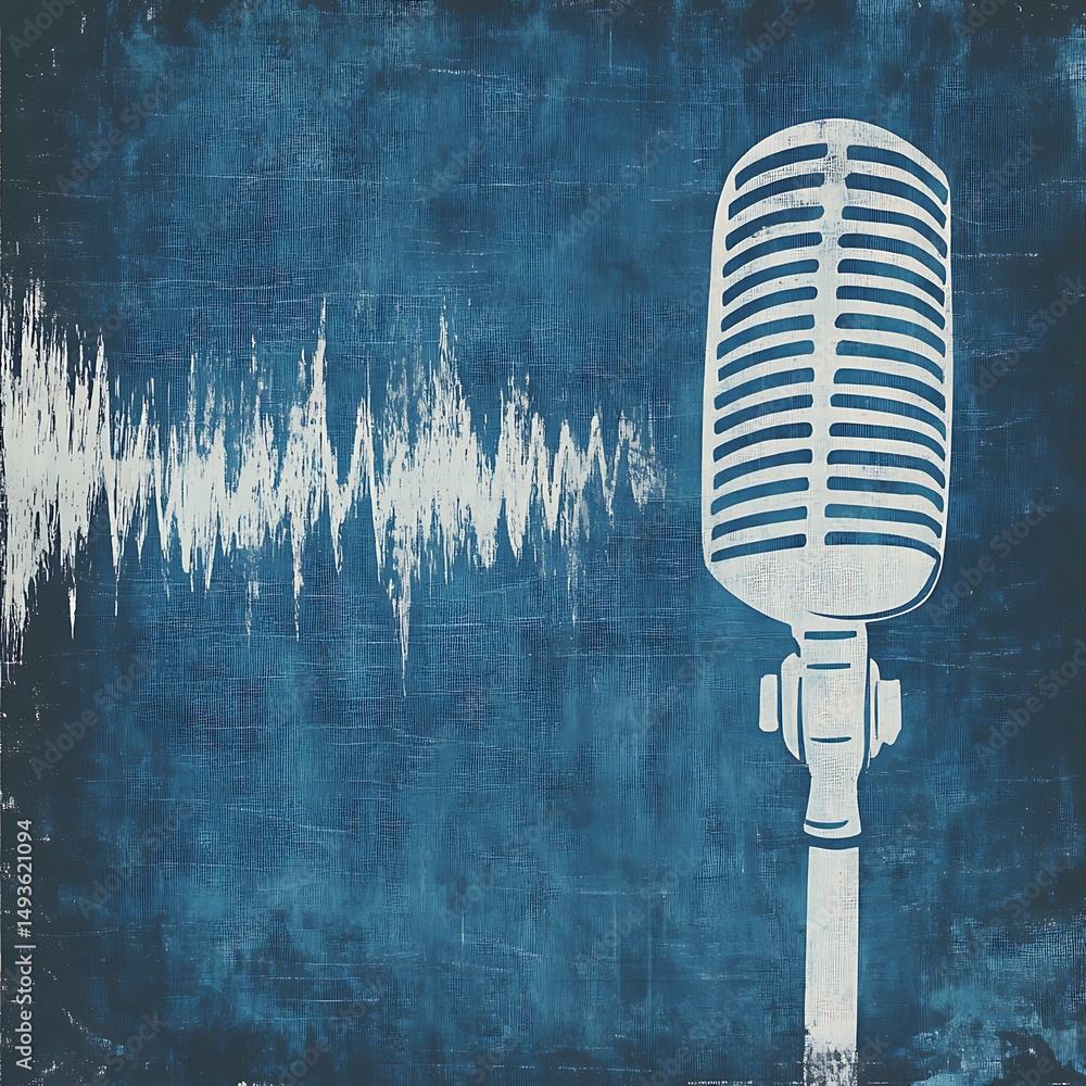 Poster retro microphone with sound waves artistic design on blue textured background for creative projects.