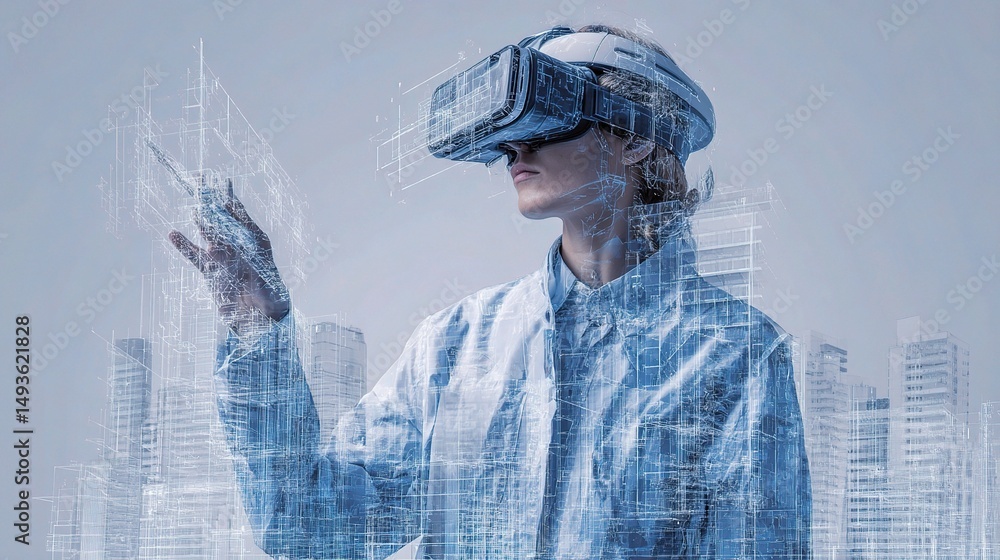 Poster young architect exploring futuristic building design with vr technology