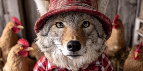 photo of anthropomorphized coyote dressed as farmer standing in chicken coop, chickens 