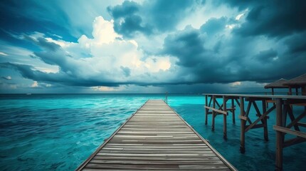 Fototapeta premium Ocean Pier: Serene Wooden Pathway Under Dramatic Cloudscape