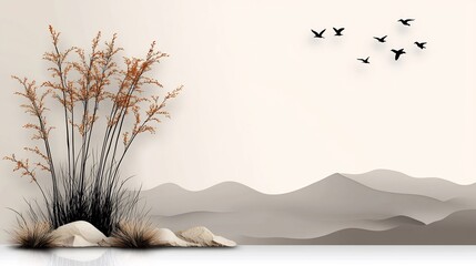 Peaceful landscape featuring tall grasses, birds in flight, and soft mountains