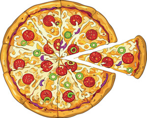 Delicious pizza with pepperoni, melted mozzarella, and paprika — detailed vector drawing.
