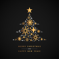 Luxury Merry Christmas and Happy New Year greeting card with a golden snowflake Christmas tree on a black background, festive holiday design template