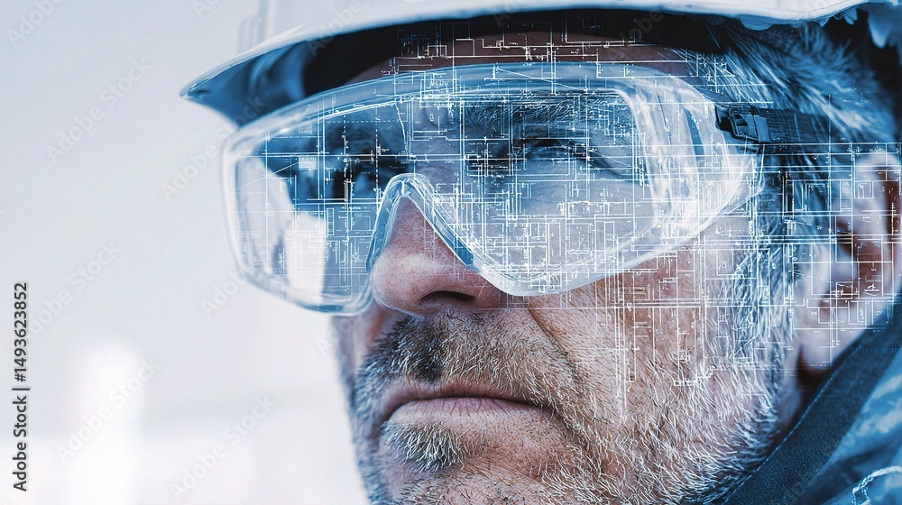 Poster closeup of blueprint overlay on reflective goggles with design elements