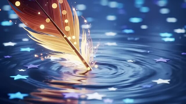 Golden Feather Tipping Water with Stars Creating Ripples in Soft Blue Tones