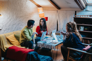 A group of friends gather in a comfortable room, engaging in creative activities and sharing laughter while drawing and painting together for leisure and bonding.