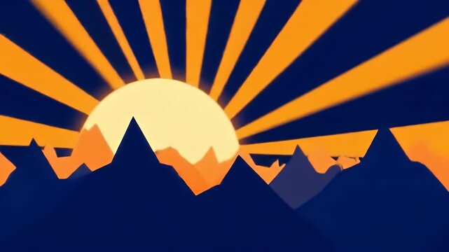 Golden Sunrise Over Silhouette Mountain Range in Dark Blue Background Illustration