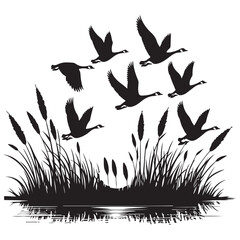 Flock of Flying Geese Silhouette Vector Illustration with Marsh Grass