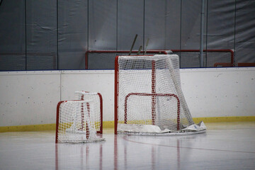 Ice hockey goals on ice ready for training