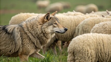 Fototapeta premium Wolf Among Sheep A Predator's Disguise in the Flock, camouflage, wildlife