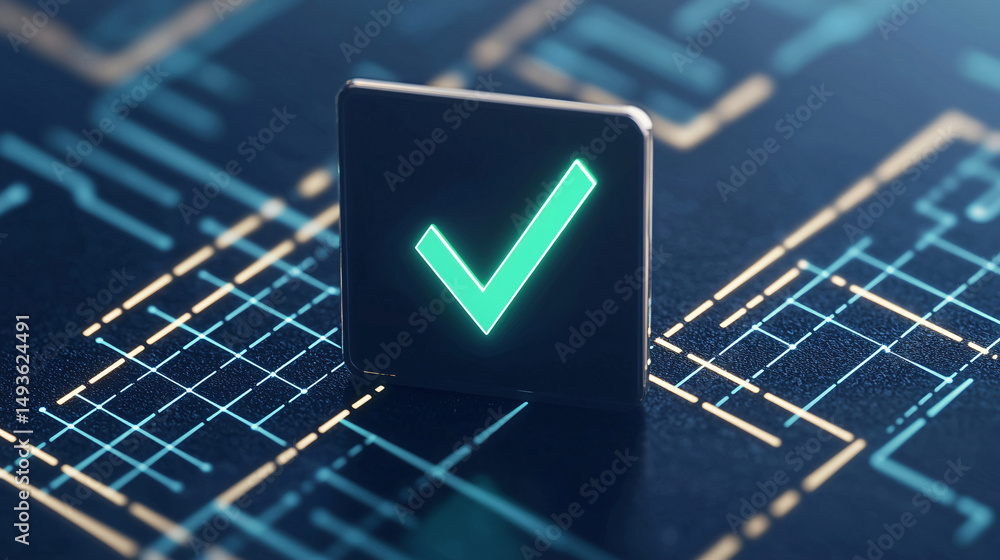 Poster green check mark on a to do checklist. digital checkmark on a circuit board background.