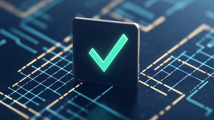 green check mark on a to do checklist. Digital checkmark on a circuit board background.