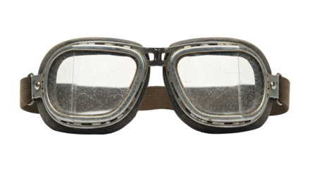 Vintage Brown Leather and Metal Aviator Goggles with Dusty Lenses on Transparent Background