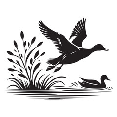 Duck Hunting Scene with Flying Duck Vector Art Illustration