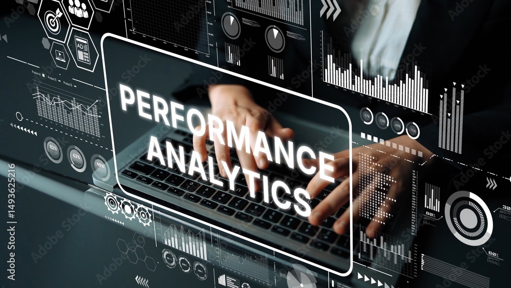 Poster Business Professional Analyzing Data with Performance Analytics Dashboard and Graphical Visualizations in Modern office Setting. Asymptotic smart data analytic.