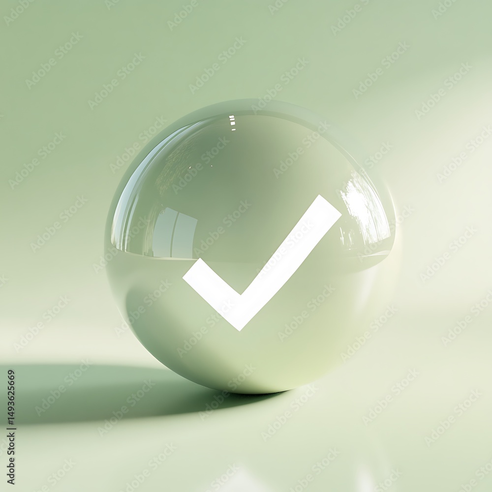 Poster sphere with a check mark: simple presentation, accuracy and precision, confirmation, agreement, and 