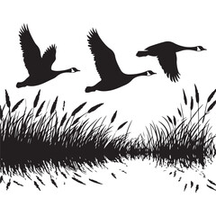 Geese in Flight Silhouette Vector Illustration with Marsh Scenery
