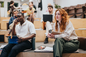 A group of people engaged in discussions and note-taking during an interactive session or seminar in a modern workplace setting.