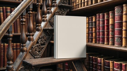 Blank Book Cover Mockup on Antique Wooden Bookshelf Mockup