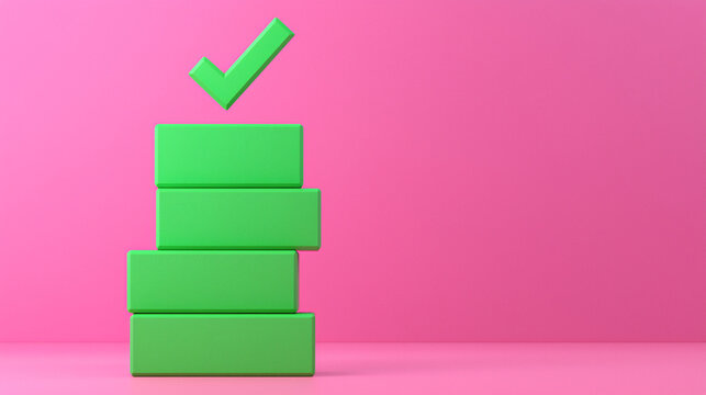 green check mark on a to do checklist. Stacked green boxes with a checkmark on a pink background.