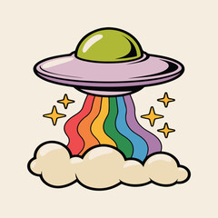 Cute Retro UFO Abducting Rainbow Vector Illustration