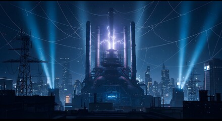 Industrial Power Plant at Night Generating Electricity Over a Cityscape