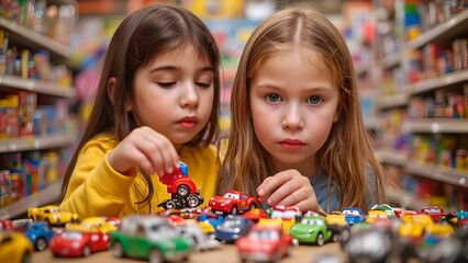Two Young Girls Enjoying Colorful Toy Cars in a Vibrant Aisle of a Toy Store

