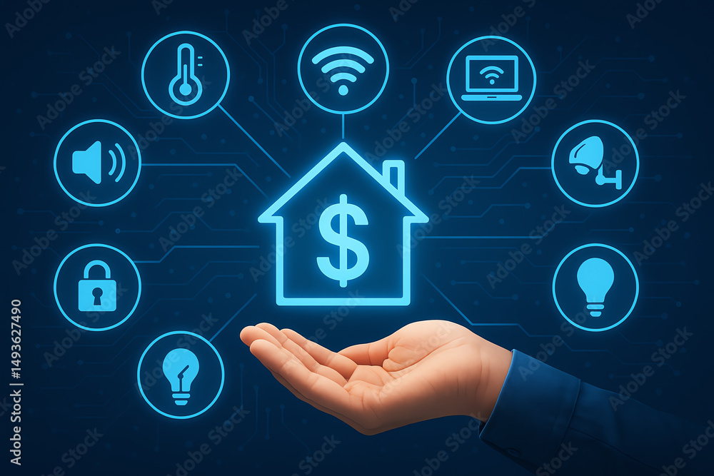 Aufkleber a futuristic representation of smart home technology showing various connected devices and sensors