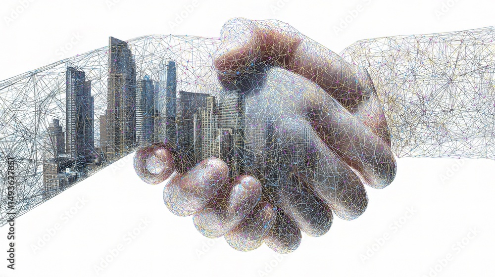 Aufkleber hands merging in a neon network with urban background elements