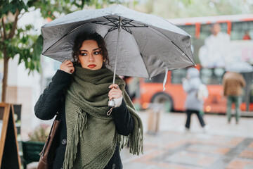 Woman holding an umbrella during a rainy day in a city plaza, wearing a scarf and coat, surrounded...