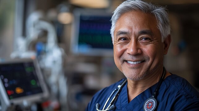 Smiling mature doctor in scrubs, stethoscope around neck, in a medical setting